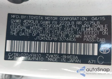2015 Toyota Prius z USA, uszkodzony, nr VIN JTDKN3DPF3074406
